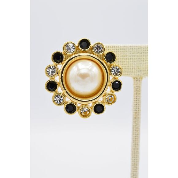 Givenchy Vintage Crystal Clip On Earrings Black Gold Pearl Chunky Signed 80s 9C - Picture 6 of 12